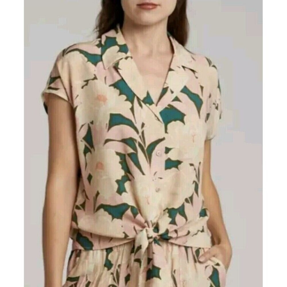 Black Rainn Womens Floral Button‎ Down Front Tie Short Sleeve Top Pink Green